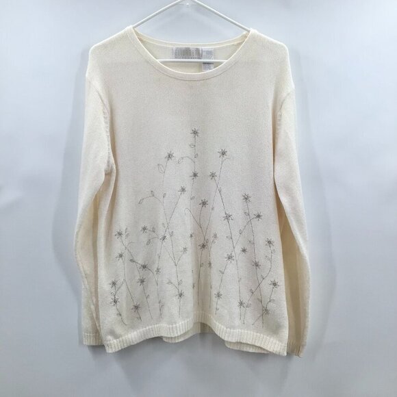 Liz Claiborne Sweaters - Vintage 1X Winter Flowers Sweater Embroidered Iridescent Sequin Ivory Gold L/S